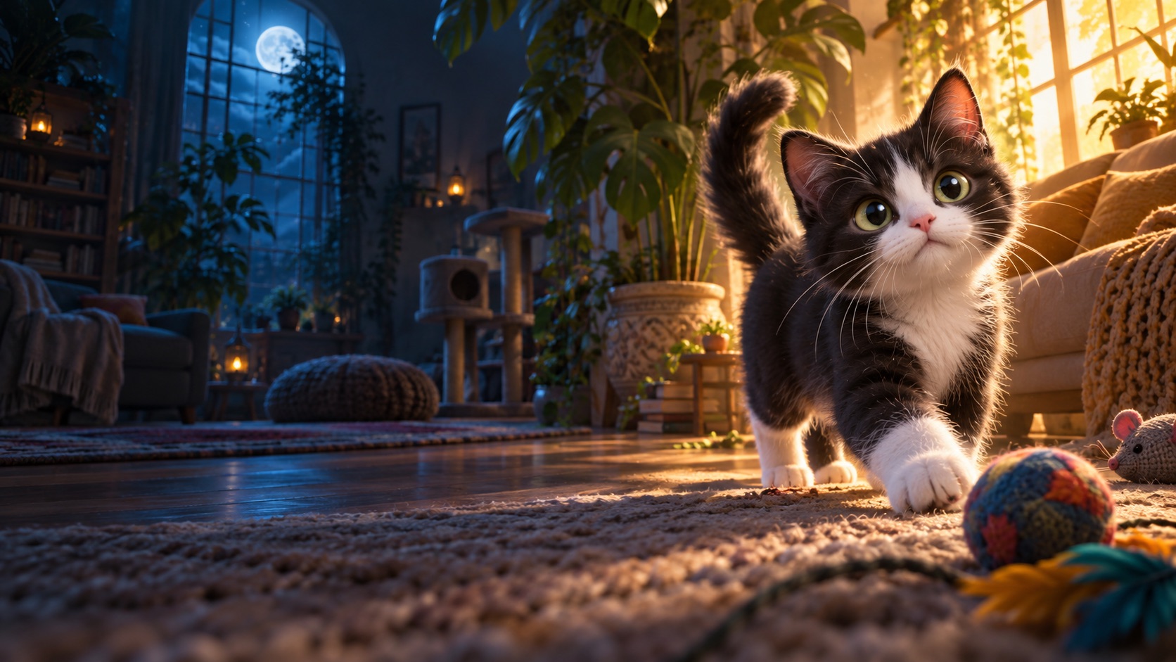 Floks, um gato preto e branco, brincando com um novelo numa sala à noite