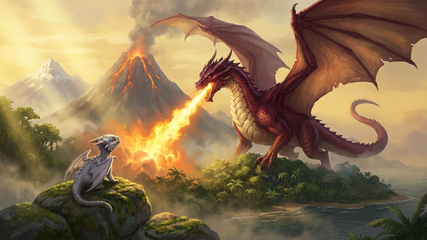 Ilustração de um dragão adulto de escamas vermelhas soltando fogo sobre uma ilha com vulcão, enquanto um filhote de dragão observa de uma pedra