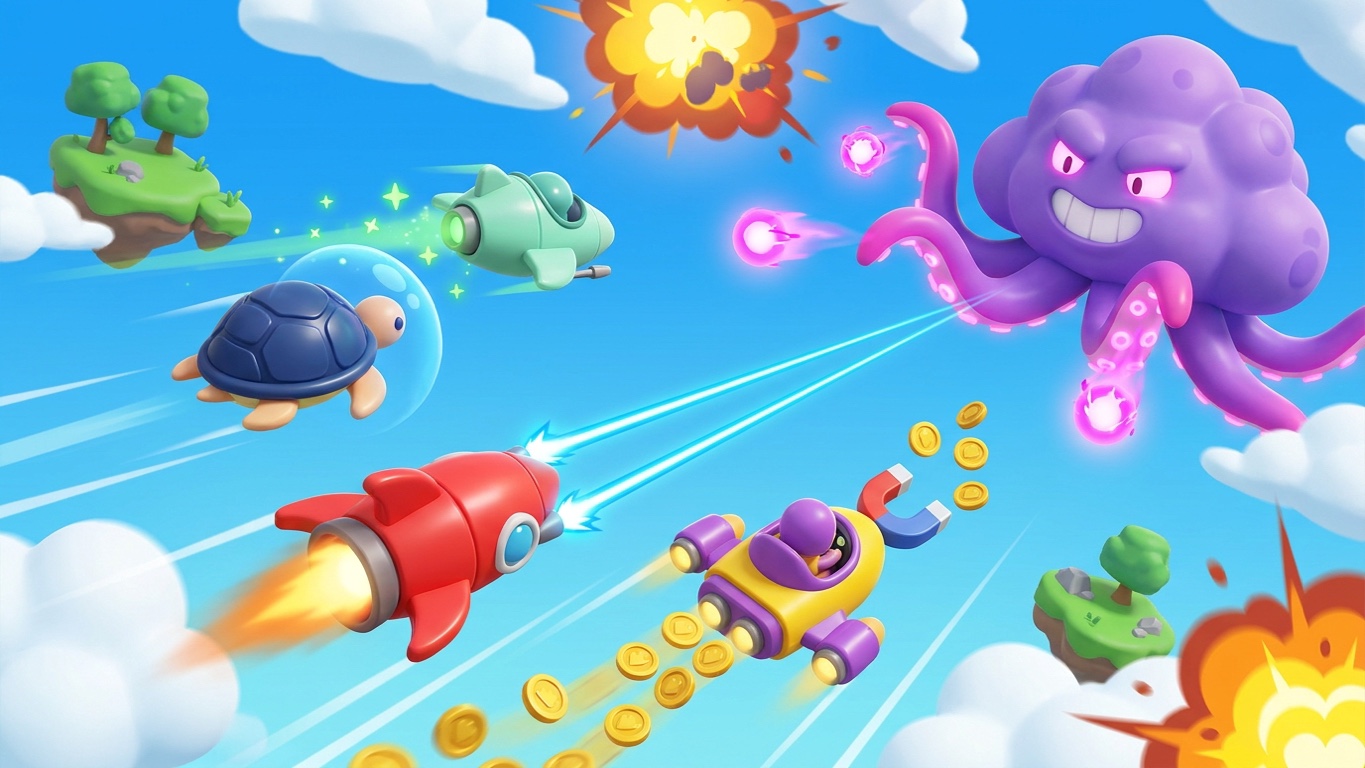 Ilustração de naves de brinquedo voando entre nuvens e ilhas flutuantes: um foguete vermelho atira lasers, uma tartaruga azul numa bolha de escudo, uma nave verde soltando brilhos e uma nave amarela com ímã puxando moedas, contra um polvo roxo gigante feito de nuvem