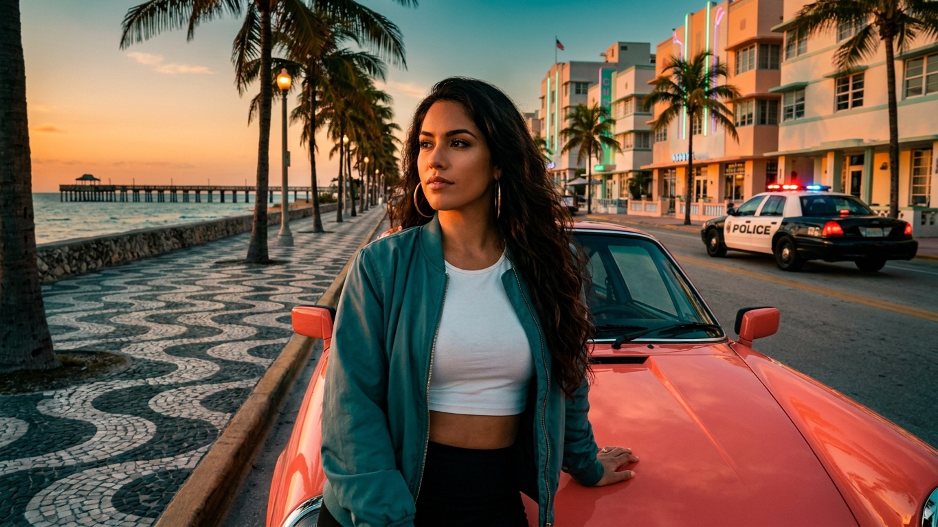 Ilustração cinematográfica de uma mulher de jaqueta verde-azulada encostada num carro esportivo vermelho numa avenida à beira-mar ao pôr do sol, com coqueiros, calçadão de ondas, hotéis com neon e uma viatura policial com as luzes piscando ao fundo